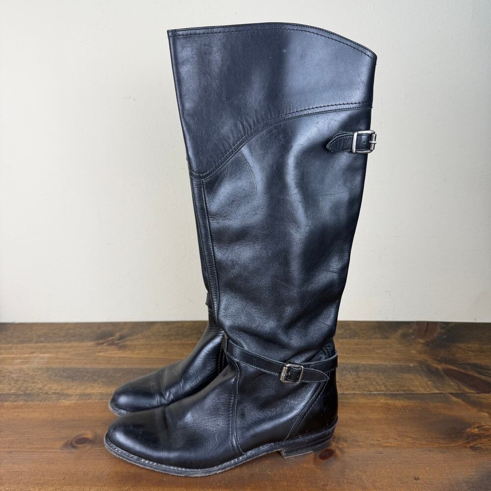 Frye Dorado Black Leather Tall Riding Boots Women's 8 Knee High Buckle 77560 - Picture 2 of 13